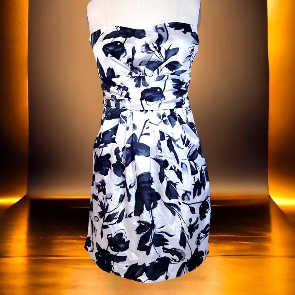 Silky strapless black white floral dress